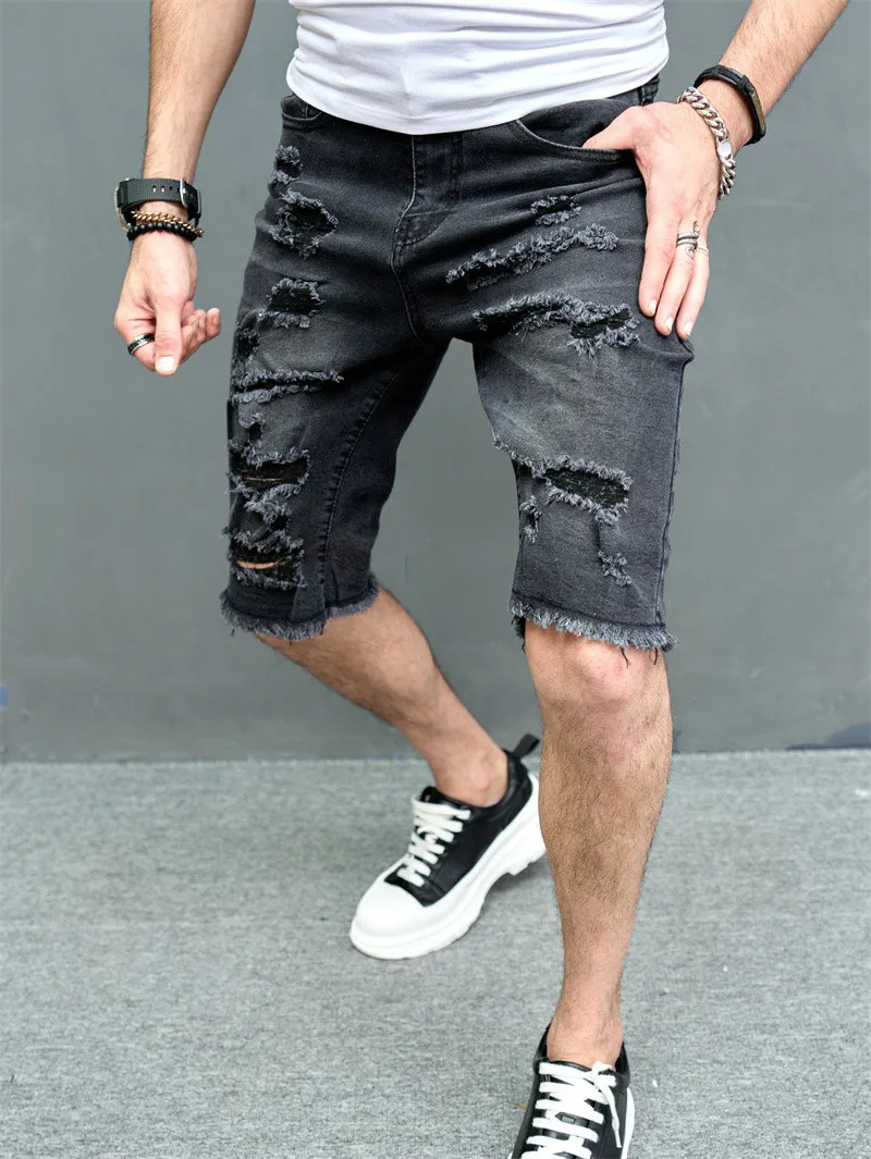 Mens summer short hole ultra-thin five point pants street fashion casual mens solid straight jeans beach denim shorts240808