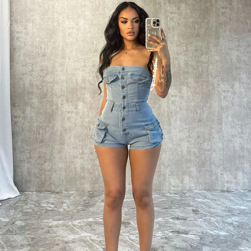 Sexy Tube Strapless Denim Romper Women Jumpsuit Singlebreasted Multi Pockets Party Club One Pieces Playsuit Combinaison Short 240808