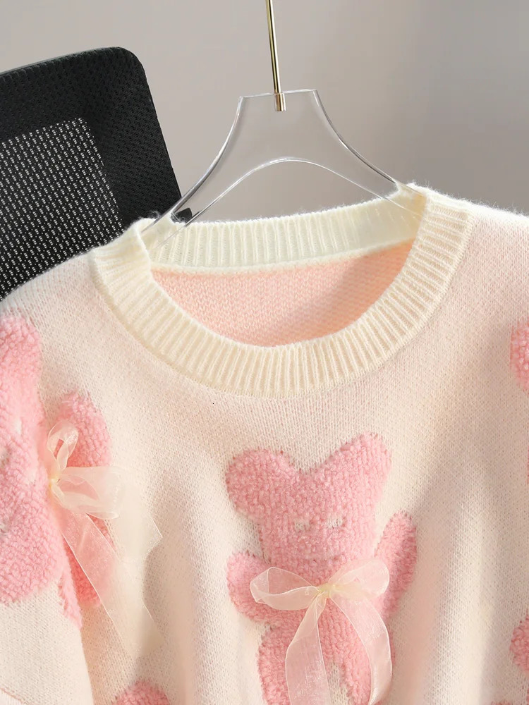 Women Pink Bear Knitted Pullover Sweater Elegant Harajuku Aesthetic Y2k long Sleeves O-Neck Sweater Jumper Vintage 2000s Clothes 240812