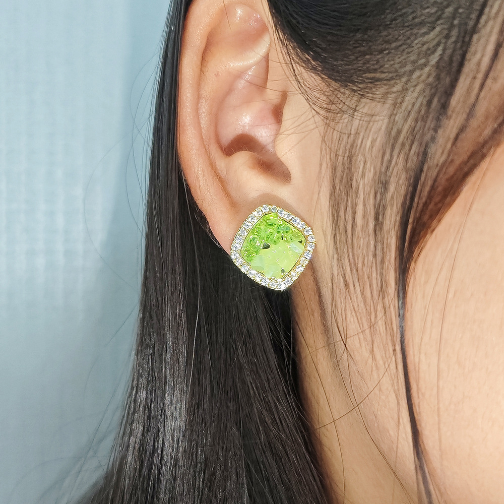 Sterg Sier Green Crystal Stud Earrings for Women, 2024 Fashion Jewelry Gift