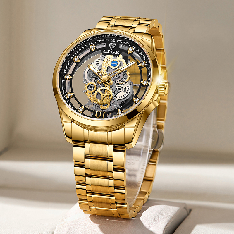LIGE New Men Watch Skeleton Quartz Wristwatch Gold Skeleton Retro Man Watch Top Brand Luxury Clock Mens Watches Reloj