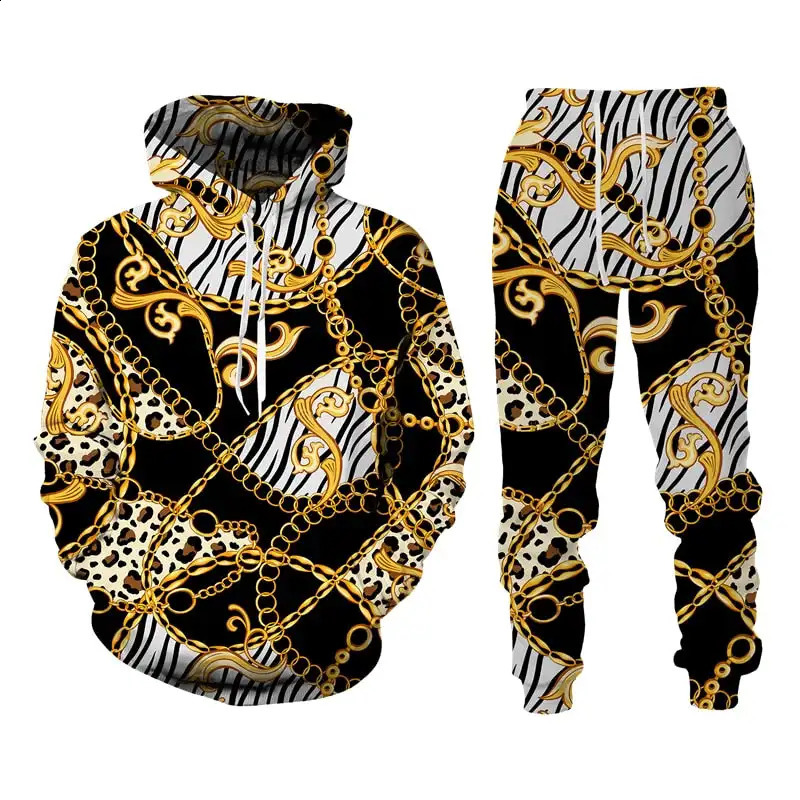 Mens Hoodie Set Baroque Style Sweatsuit 3D Printed Crown Golden Chain Hoodie Sweatsuit Casual Mens Pullover Tracksuit Set 240809