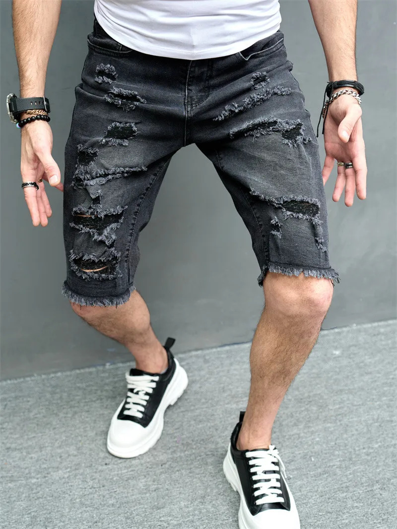 Mens summer short hole ultra-thin five point pants street fashion casual mens solid straight jeans beach denim shorts240808