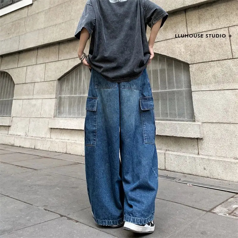 Y2k loose Japanese retro workwear jeans with trendy and personalized large pocket for men and women hip-hop casual pants 240809