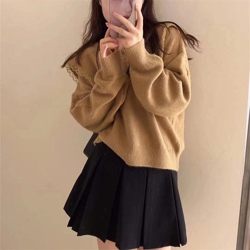 Sweet Baby Neck Soft Waxy Sweater Womens Outwear Autumn and Winter New Relaxed Lazy Style Solid Color Pullover Shirt Top
