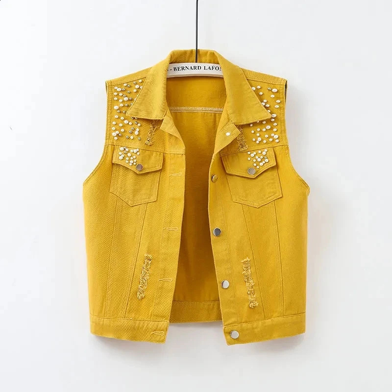 Colorful Denim Jacket Waistcoat Womens Spring Summer Slim Hole Beaded Sleeveless Coat Female Short Casual Vest Outwear Tops 240813