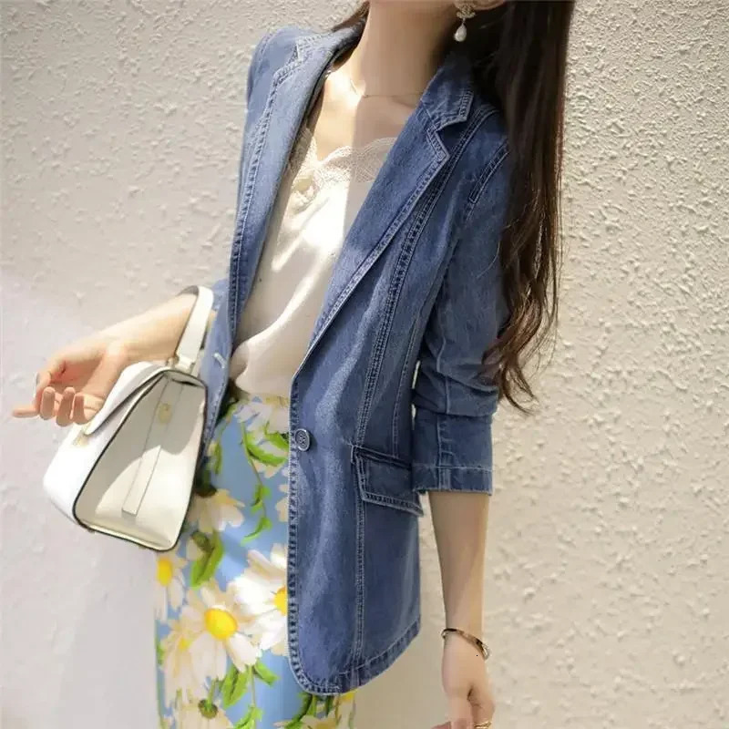 Vintage Suit Women Jeans Jacket Casual Tops Loose Short Denim Blazer Outwear Female Cowboy Basic Coat Spring Autumn 240808