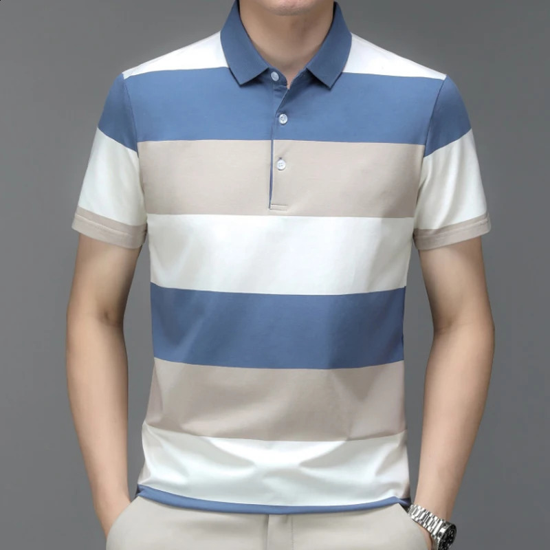 Mens Polo T Shirt Business Casual Simple Stripes Print Summer Short-Sleeve Polo Shirt Fashion Street Wear Oversized Clothes i240816