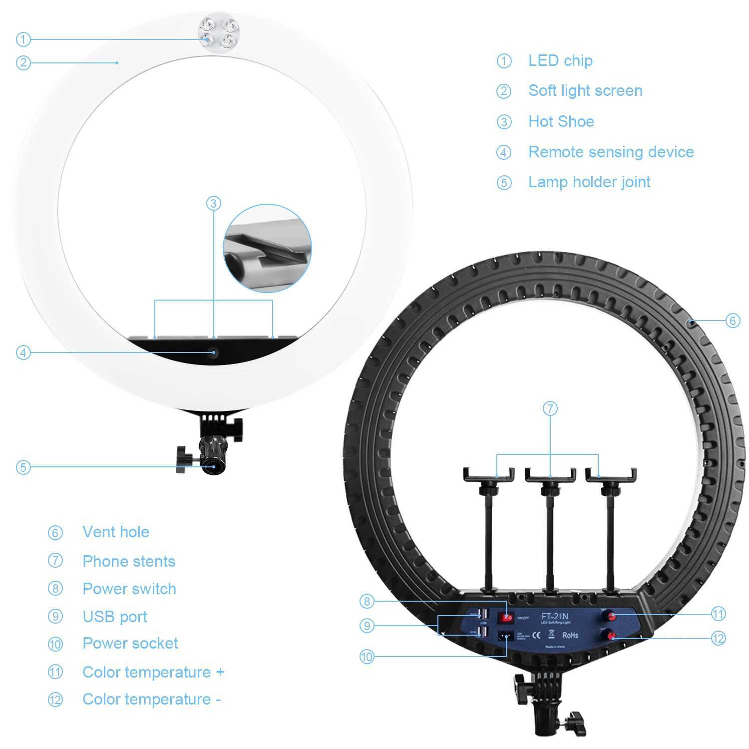 Fosoto FT-21N 21 Inch LED Photography Light Dimmable USB Charge Ring Lamp with Tripod Remote For Makeup Youtube Lighting Y240809