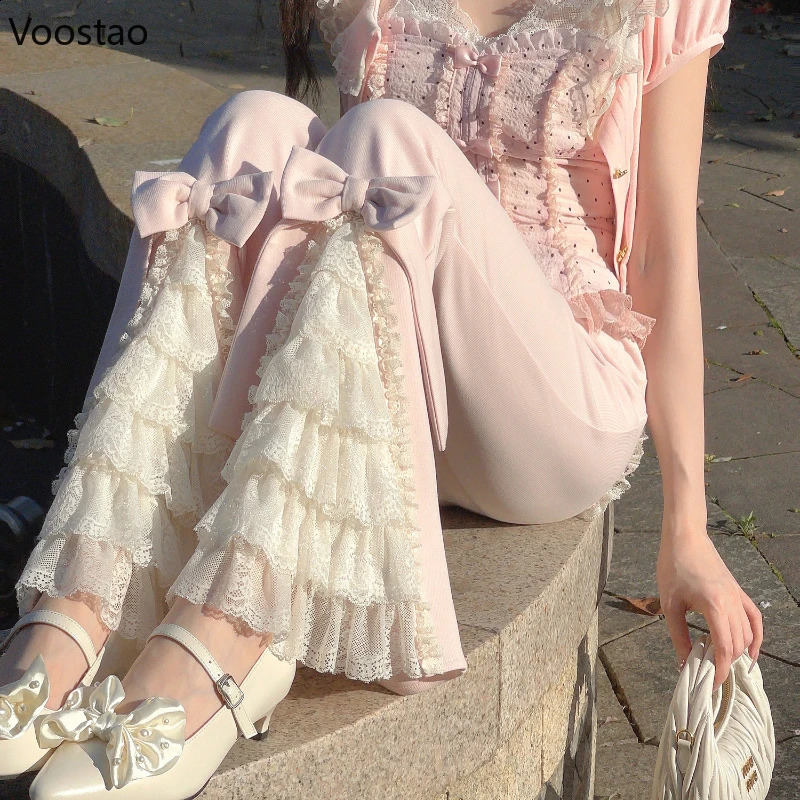 Pink Sweet Lolita Style Pants Women Vintage Kawaii Bow Lace Ruffles Flared Pants Female Korean Elegant Casual Fairy Trousers 240809