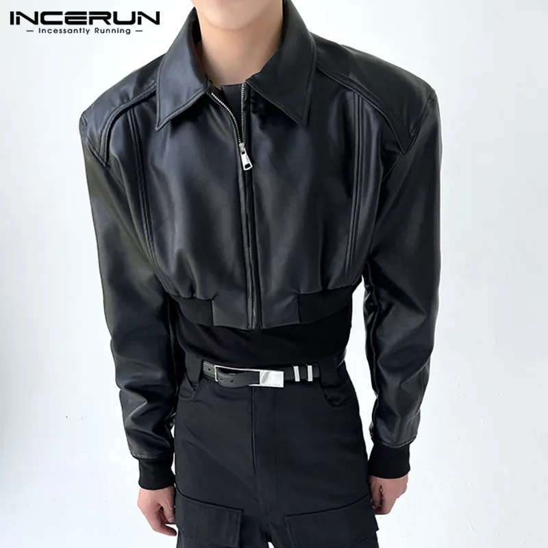 INCERUN Tops 2024 Korean style mens zipper shoulder pad cut jacket casual loose solid long sleeved leather S5XL 240808