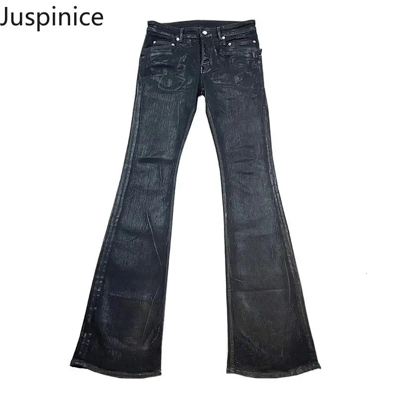 Spring Autumn Personalized Slim Jeans Mens Dark Black Casual High Street Niche Micro-flared Pants Men Trousers Male Clothes 240809