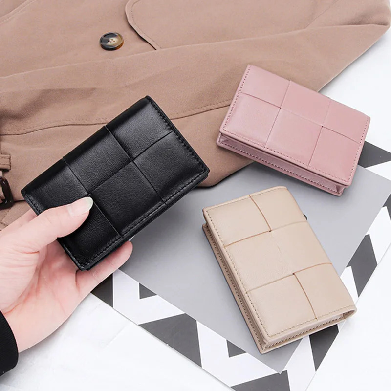 Sheepskin Braided Card Holder Women Bifold Leather Bank Credit Card Case Wallets Coin Purse Men Unisex Business Name Card Bag 240809