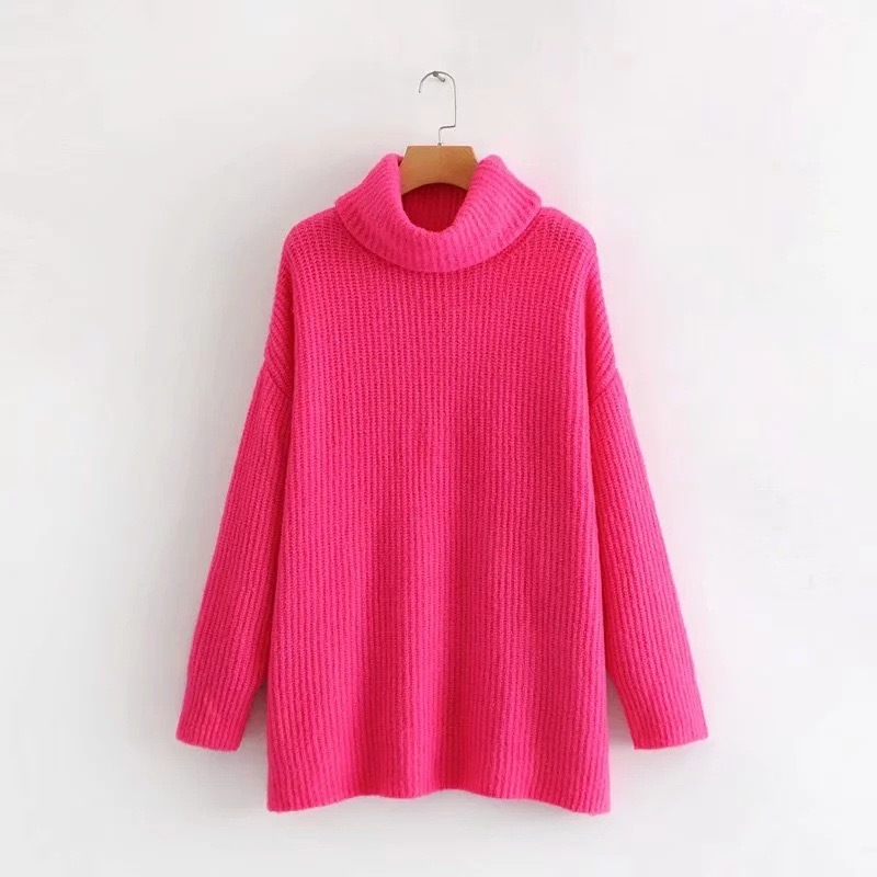 Autumn winter new soft and sticky pullover loose long sleeved solid color simple high neck lazy style knitted sweater top for women dongdumaoyi