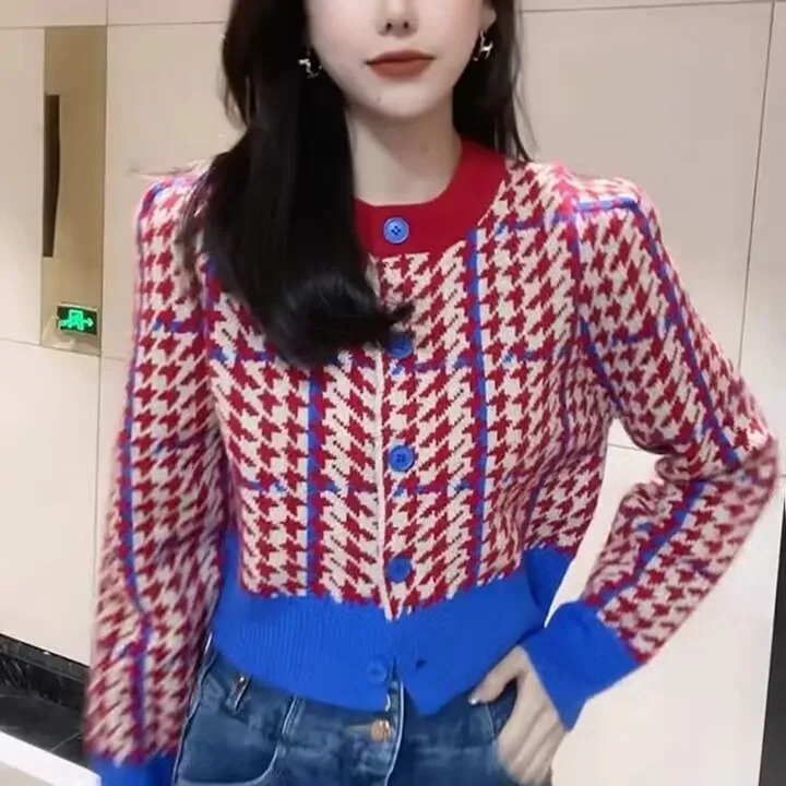 European Goods Colored Thousand Birds Knit Cardigan Women Autumn And Winter Round Neck Fashion Retro Short Sweater Tops 240809