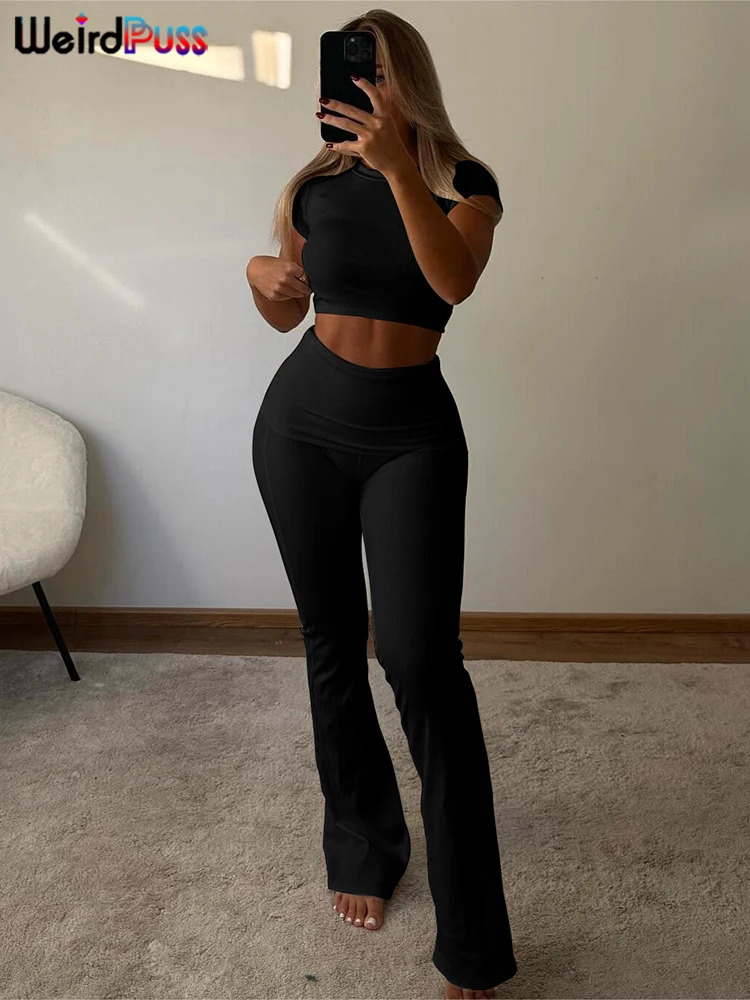 Weird Puss Casual Women Tracksuit 2piece Set Solid Short Sleeve Crop TopsFlare Pants Skinny Elastic Matching Streetwear Outfits 240808