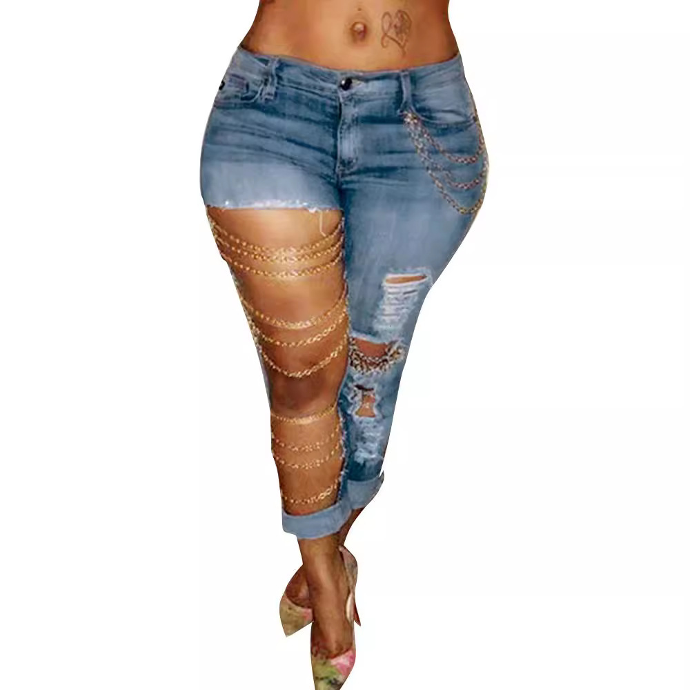 Big Hole Slim Fit Jeans Womens Chain Hanging Decorative Leggings