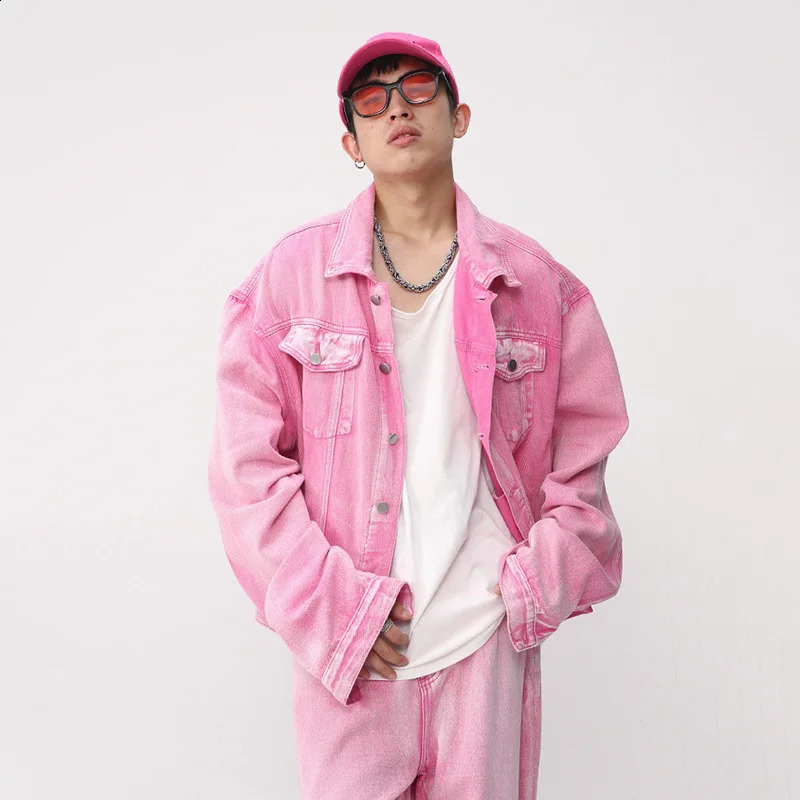 NOYMEI Pink Two Pieces Set Fashionable Long Sleeve Pocket CoatStraight Wide Leg Casual Pants Men Denim Trendy Suit WA1595 y240830