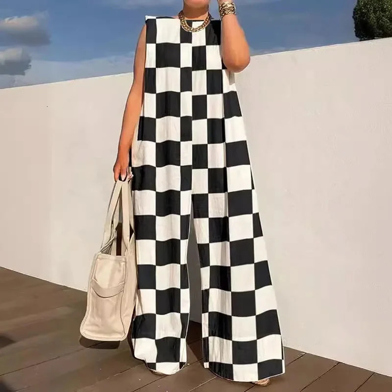 Commute Lady Sleeveless Oneck Party One Piece Romper Women Polka Dot Print Overall Chic Fashion Loose Long Jumpsuit 240808