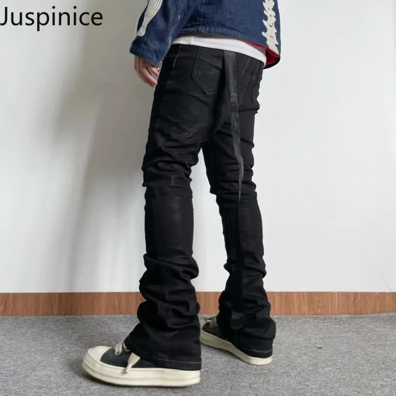 Spring Autumn Personalized Slim Jeans Mens Dark Black Casual High Street Niche Micro-flared Pants Men Trousers Male Clothes 240809