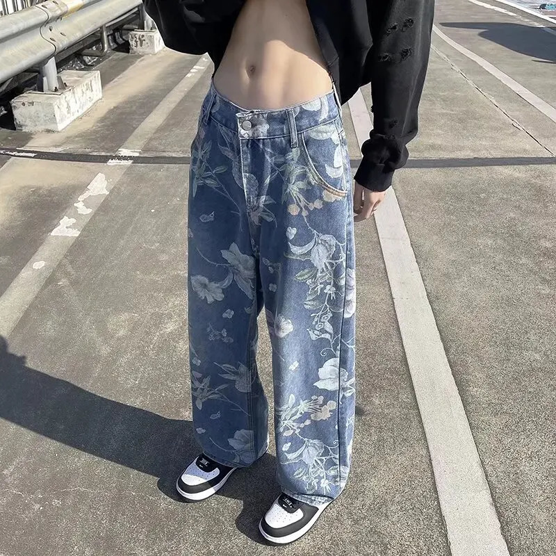 Printed Jeans Spring Korean Style Mens Floral Denim Pant High Street Loose Straight Couples Trousers baggy hosen herren 240821