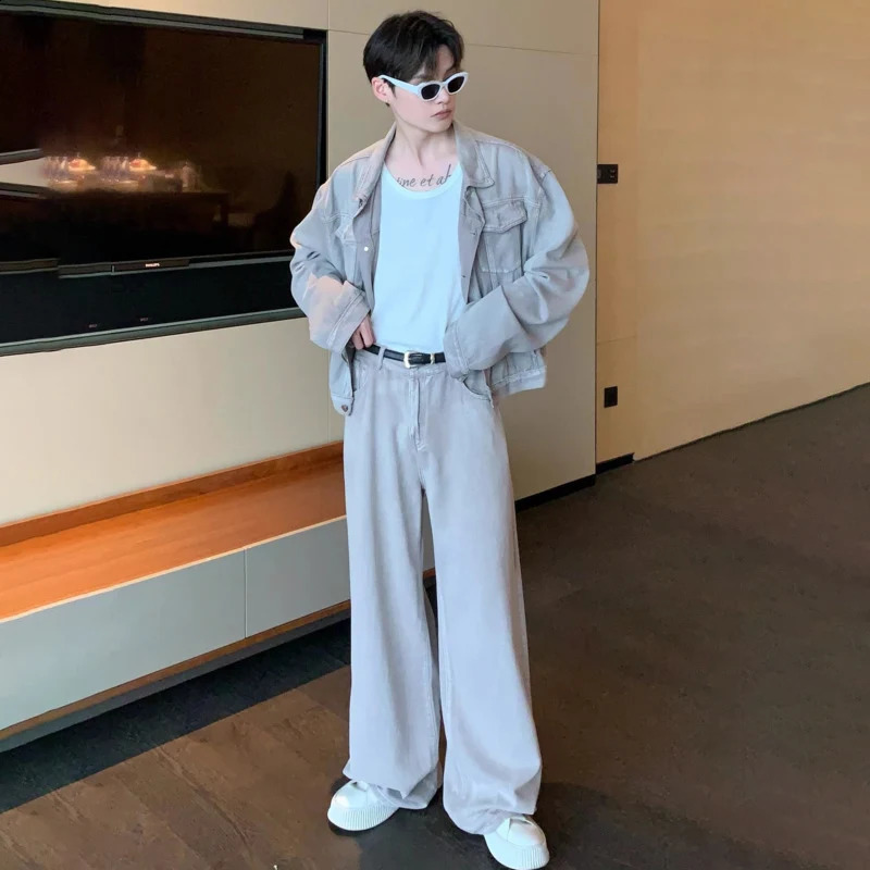 NOYMEI Pink Two Pieces Set Fashionable Long Sleeve Pocket CoatStraight Wide Leg Casual Pants Men Denim Trendy Suit WA1595 y240830