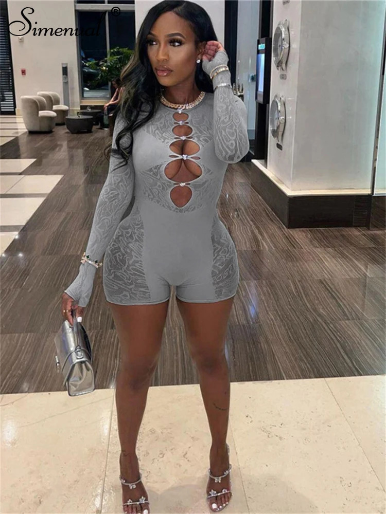 Simenual Women Trim Clubwear Playsuits Sexy Transparent Rhinestone Hollow Out Skinny Rompers Rave Jumpsuits Baddie Outfits 240808