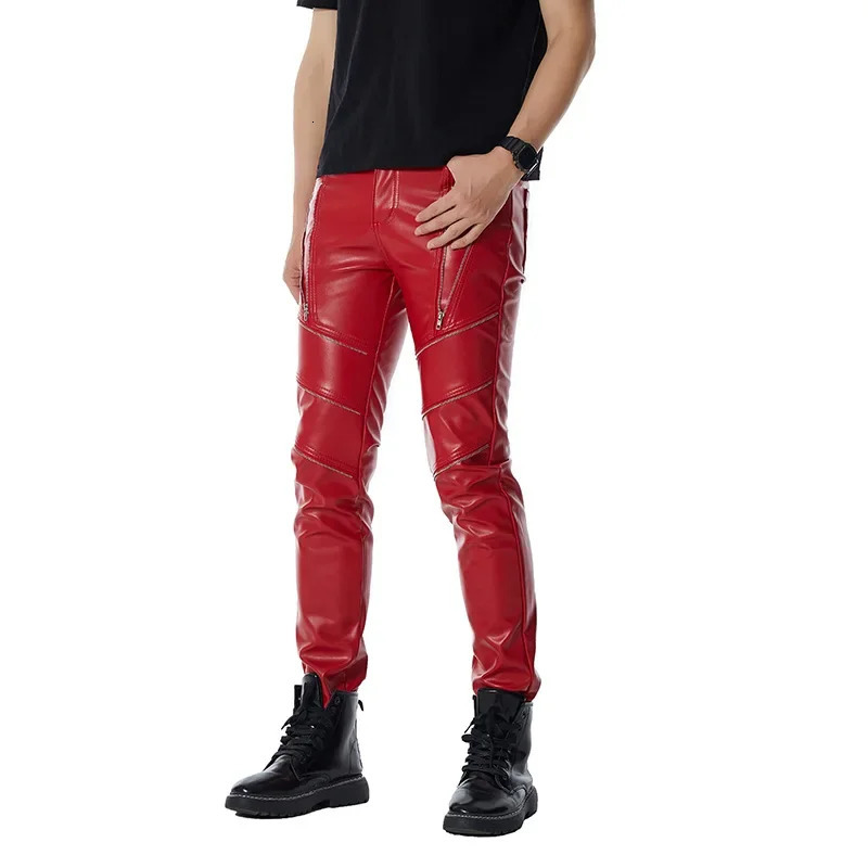 Mens red personal casual zipper PU stitched leather pants 240808