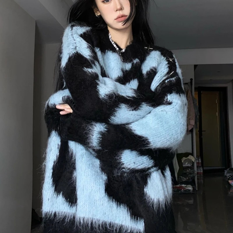Korean Fashion Contrast Color Sweater for Women Autumn Winter Loose Knitted Top Female Casual Long Sleeve Oversized Pullovers 240813