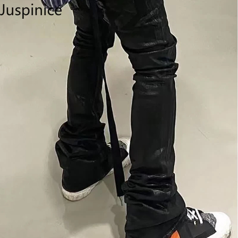 Spring Autumn Personalized Slim Jeans Mens Dark Black Casual High Street Niche Micro-flared Pants Men Trousers Male Clothes 240809