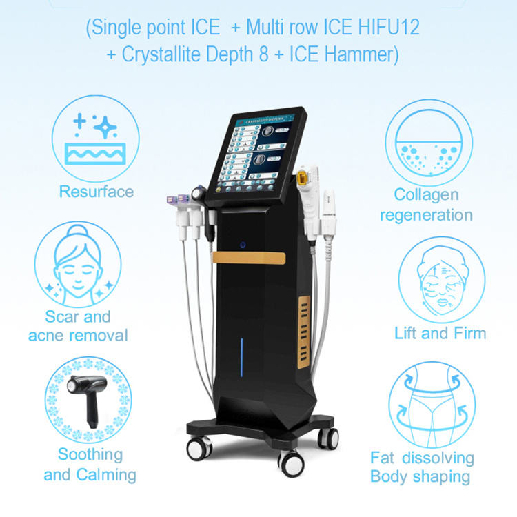 Newest 4 in 1 Ice HIFU Radar V-max Skin Tightening Face Contouring Single Point Multi-row 12 Lines Skin Rejuvenation Slimming RF Microneedle + Ice Ham