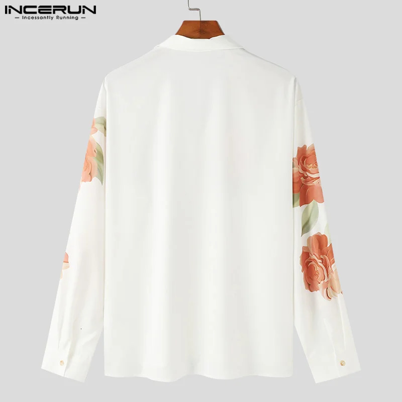 Mens floral shirt printed collar long sleeved button loose mens clothing streetwear casual S5XL INCERUN 240808