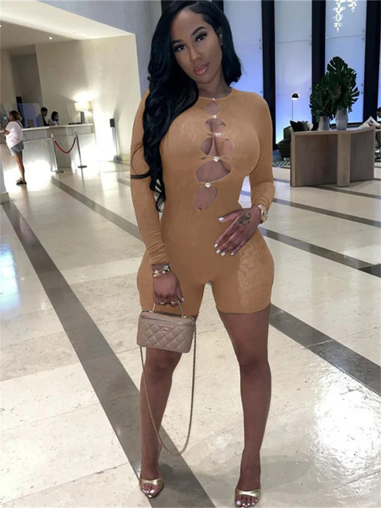 Simenual Women Trim Clubwear Playsuits Sexy Transparent Rhinestone Hollow Out Skinny Rompers Rave Jumpsuits Baddie Outfits 240808