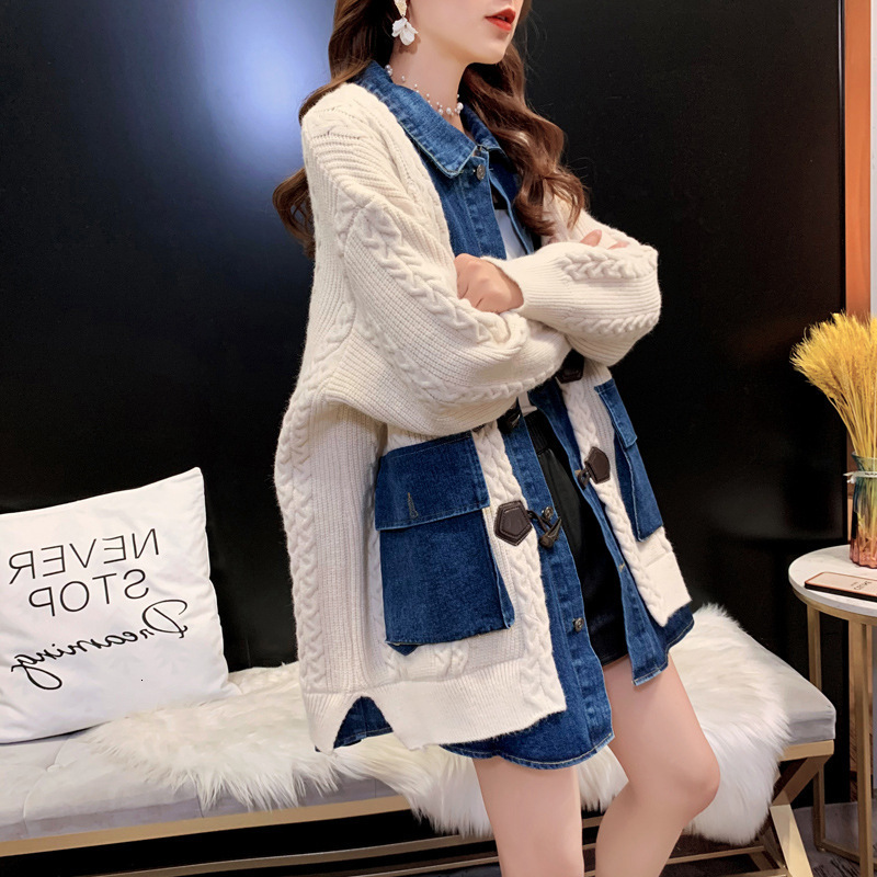 New Spliced Denim Oversized Loose Fake Two-piece Sweater Cardigan for Women Autumn and Winter Lazy Style Knitted Sweater Jacket