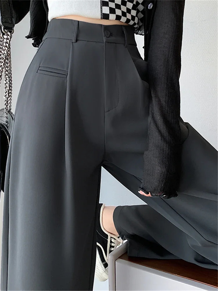 Spring Summer High Waist Suit Wide Leg Womens Pants Buttons Female Elegant Minimalism Straight Loose Trousers 240809