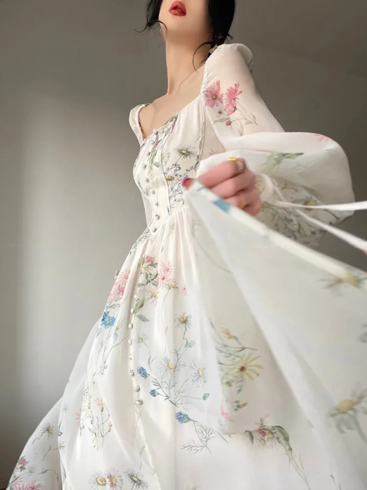 French Vinatge Evening Party Long Dresses for Women Floral A-line Princess Dress Lantern Sleeve Spring Summer Prom Robe Vestidos 240809
