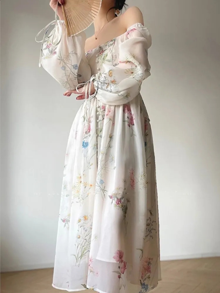 French Vinatge Evening Party Long Dresses for Women Floral A-line Princess Dress Lantern Sleeve Spring Summer Prom Robe Vestidos 240809