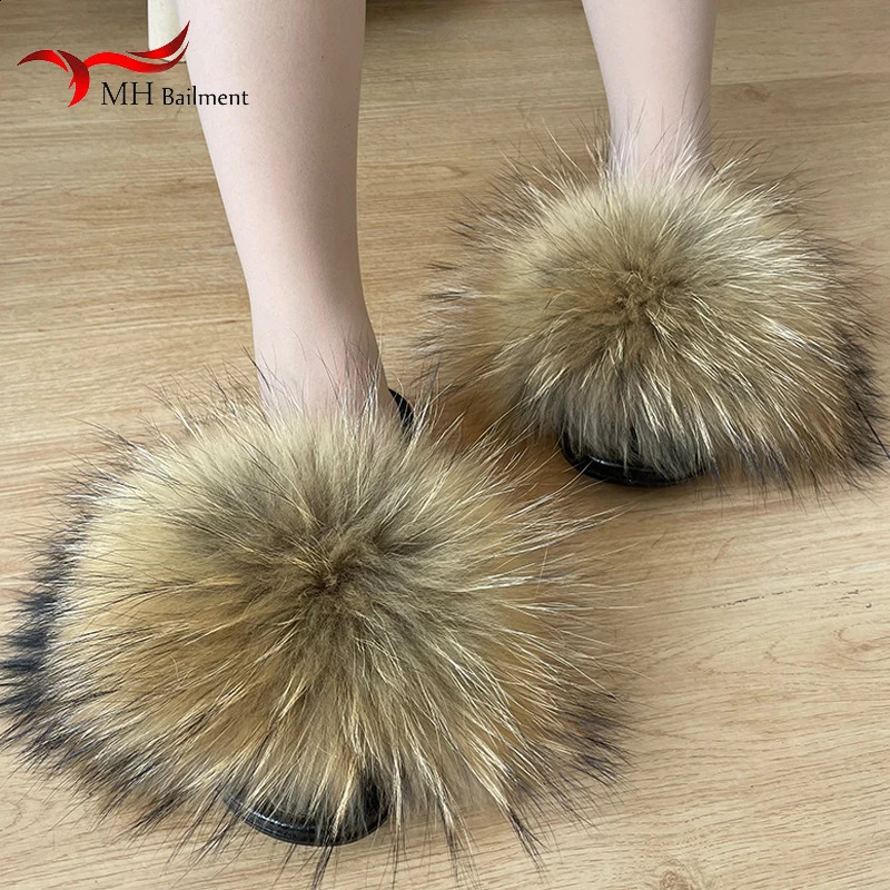 Real Raccoon Fur Slippers For Women Summer Fluffy Indoor House Fuzzy Flat Slides Outdoor Fashion Beach Sandals Flip Flops 240809