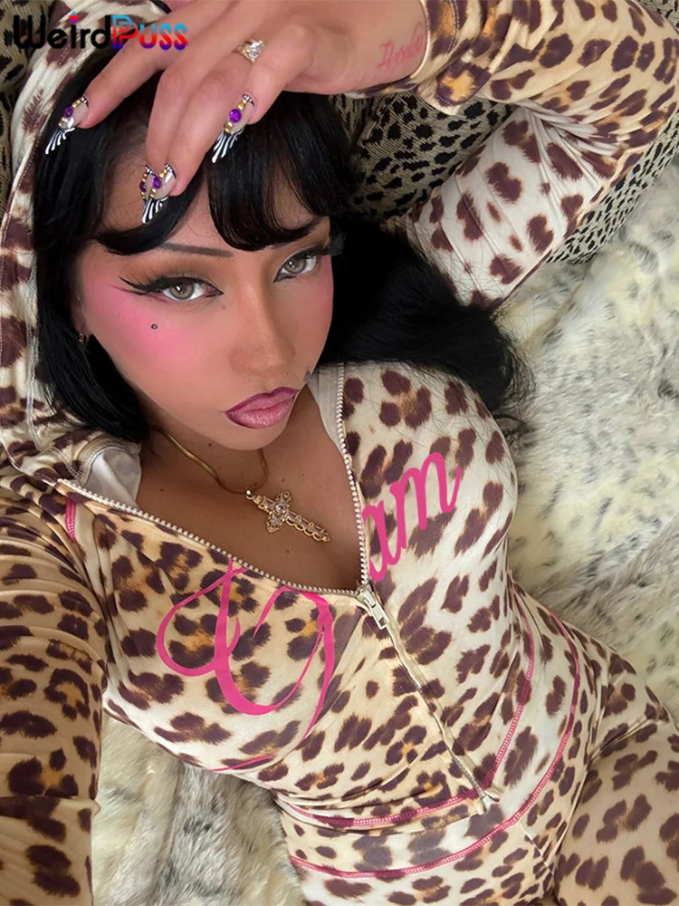 Weird Puss Leopard Letter Print Piece Set Women Tracuit Sporty Casual Hooded Crop Jacketflare Pants Stretch Matching Suits