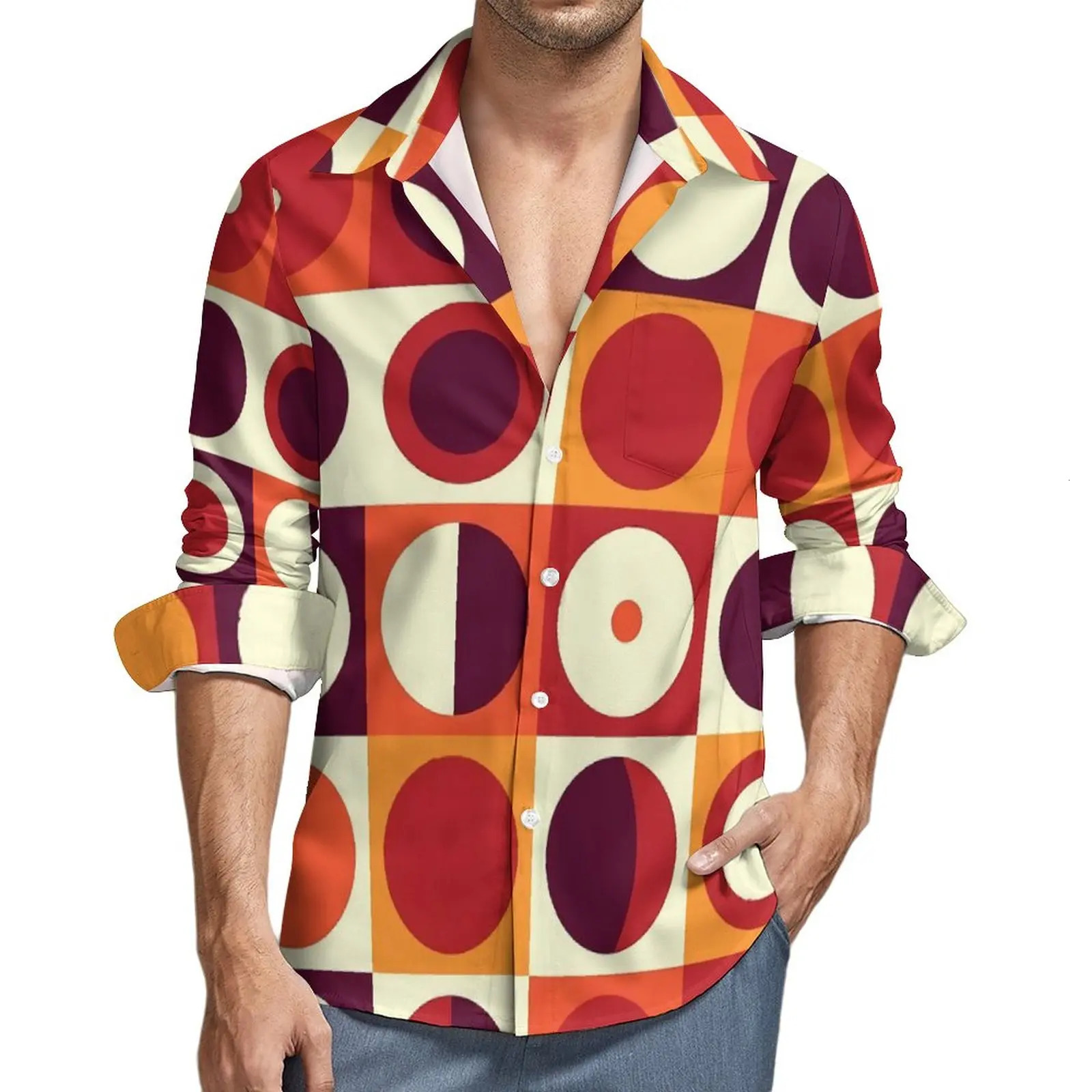 Retro Mod Shirt Orangy 70s Print Casual Shirts Long Sleeve Printed Y2K Blouses Spring Novelty Oversized Clothing 240808