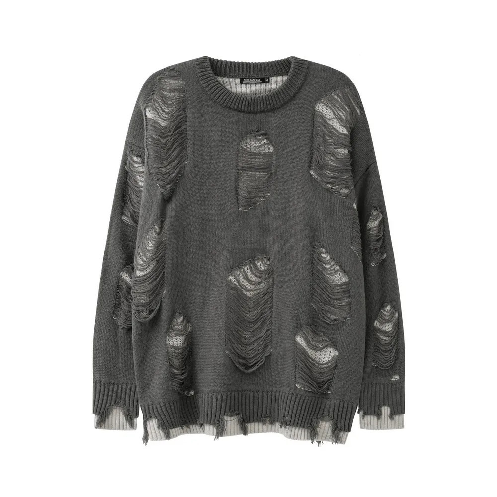 Distressed Ripped Holes Mens Aesthetic Sweater Knitted y2k Mens Clothing Winter Fashion Womens Gothic Street Clothing240808