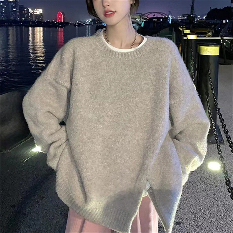 autumn winter new lazy style round neck slit knitted loose and versatile outerwear sweater women's clothing dongdumaoyi