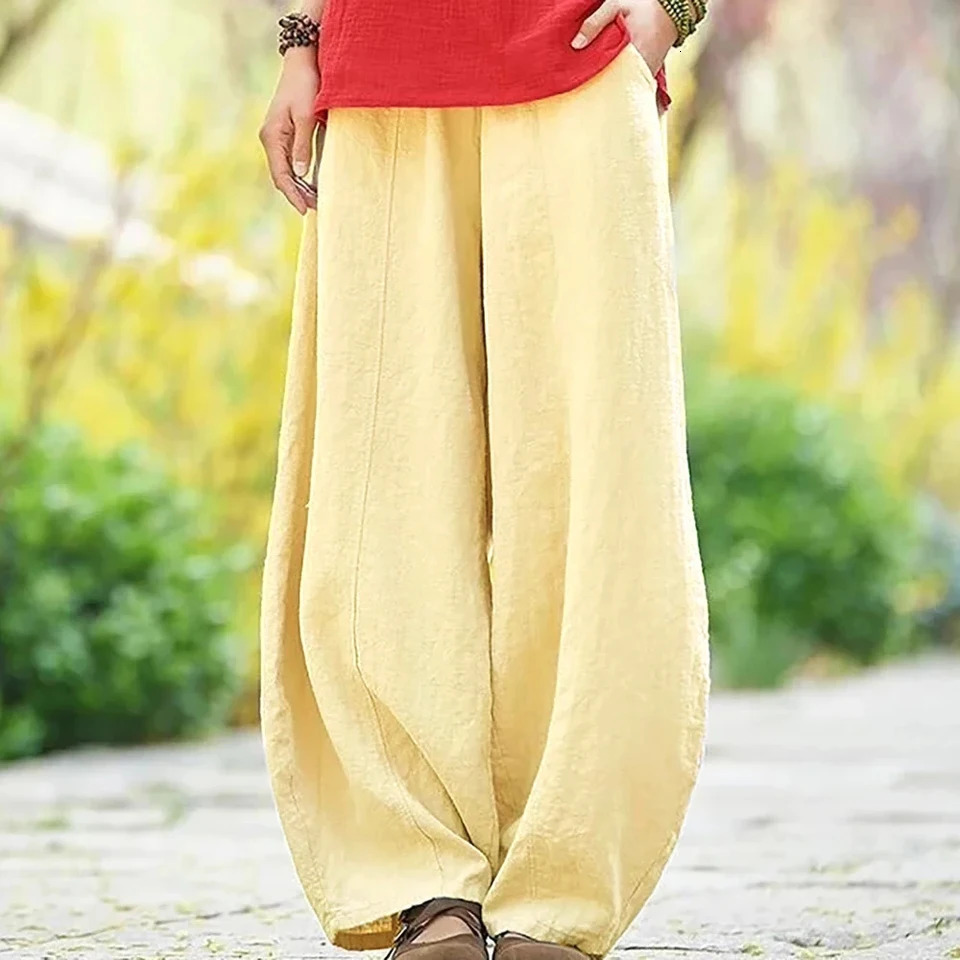 Spring Summer Cotton Linen Style Bloomers Wide Leg Pants Women Vintage Full Length Elegent Pants Solid Elasitic Waist S-5XL 240816