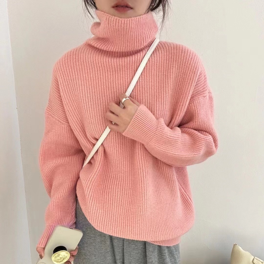Autumn winter new soft and sticky pullover loose long sleeved solid color simple high neck lazy style knitted sweater top for women dongdumaoyi