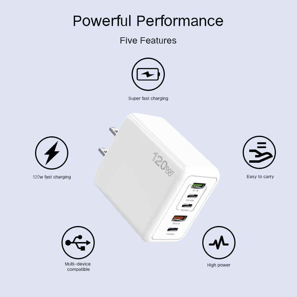 120w Charger 5 Port USB + PD Fast Charging Mobile Travel Adapter For iPhone Huawei Redmi Oneplus Samsung Realme CellphoneM240809