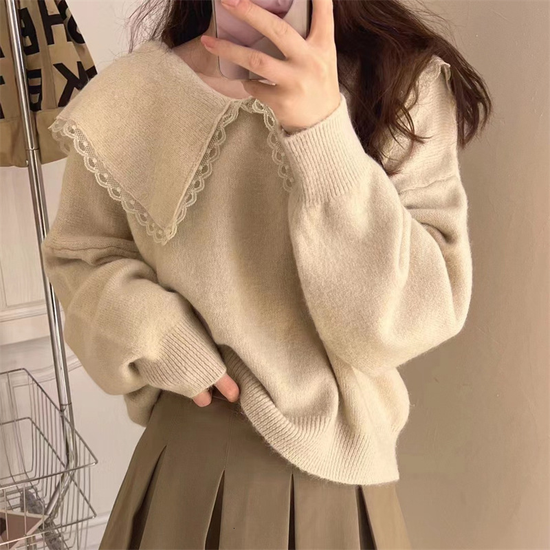 Sweet Baby Neck Soft Waxy Sweater Womens Outwear Autumn and Winter New Relaxed Lazy Style Solid Color Pullover Shirt Top