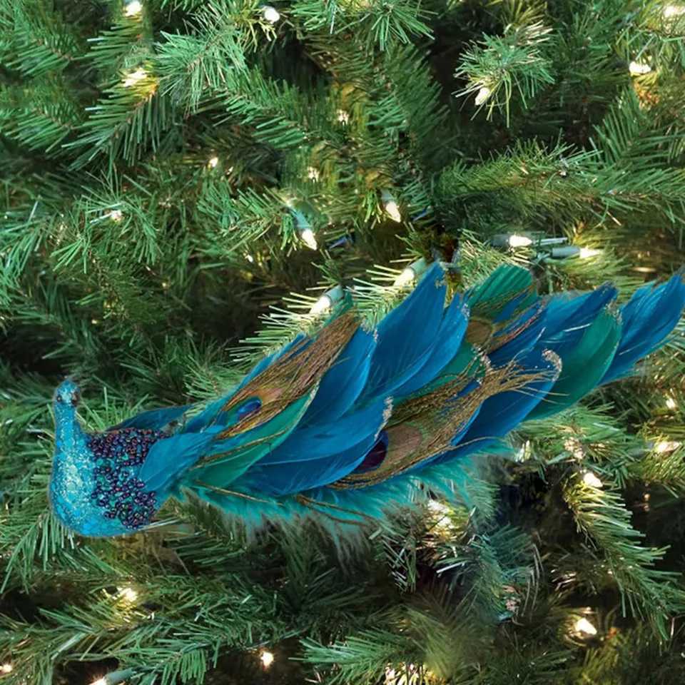 Simulated Blue Pea Natural Feather Glittery 27*8*9cm Metal Clip For Christmas Tree Decorations Home Party Kids Decor Gifts Y240808