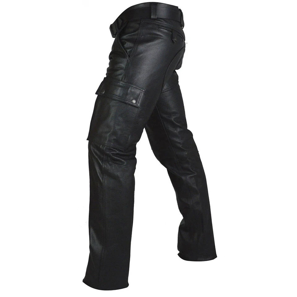 Mens punk PU leather straight pants ultrathin suitable for motorcycle mens Trouser Treedy streetwear casual cargo with pockets 240808