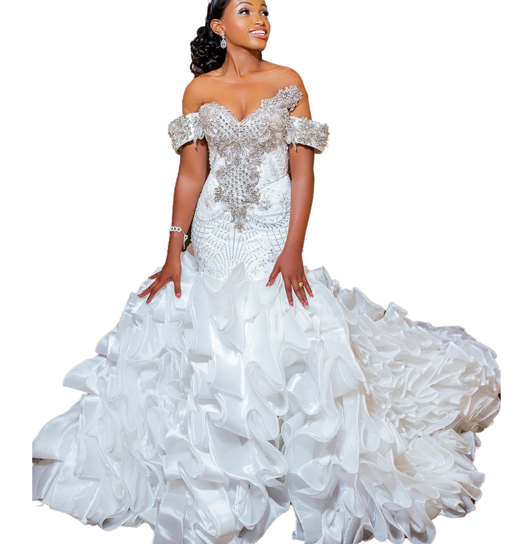 2024 Arabic Aso Ebi Plus Size White Mermaid Wedding Dresses Lacefull Sheer Neck Beaded Crystals Tiers Bridal Gowns Dress Vestidos De Novia ZJ406