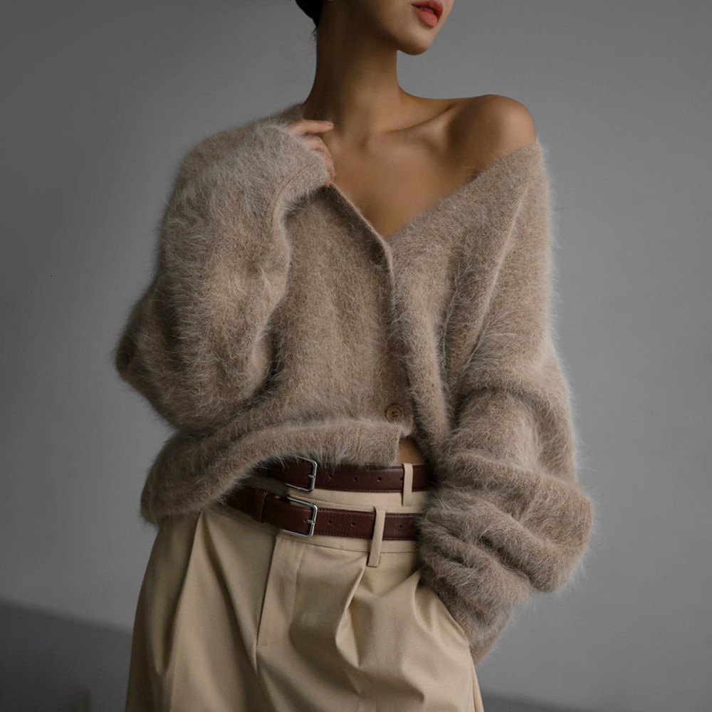 Imitation Mink Wool Knitted Sweater Cardigan Autumn/winter Lazy Loose Long Sleeved V-neck Sweater Jacket for Women